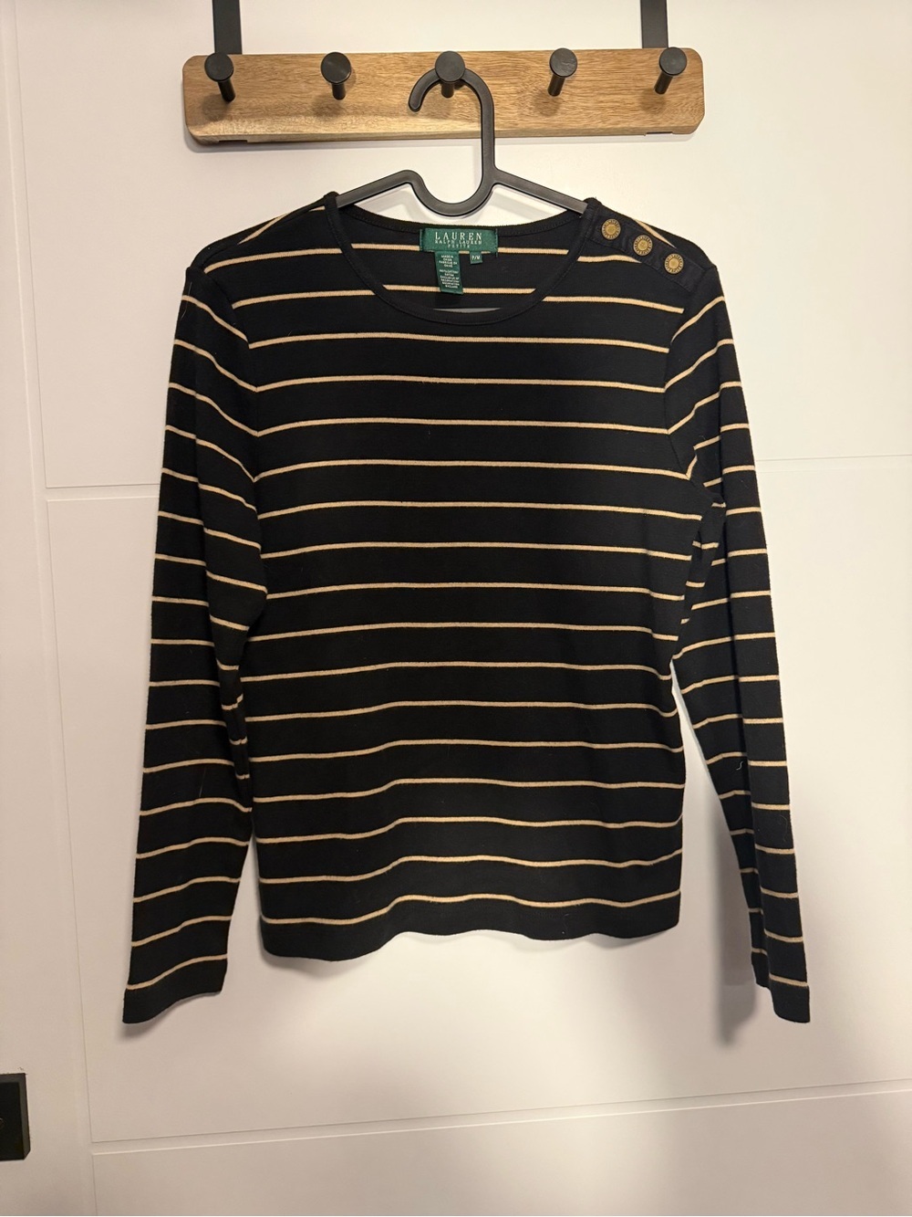 Ralph Lauren Black and Tan Striped Button-Shoulder Sweater